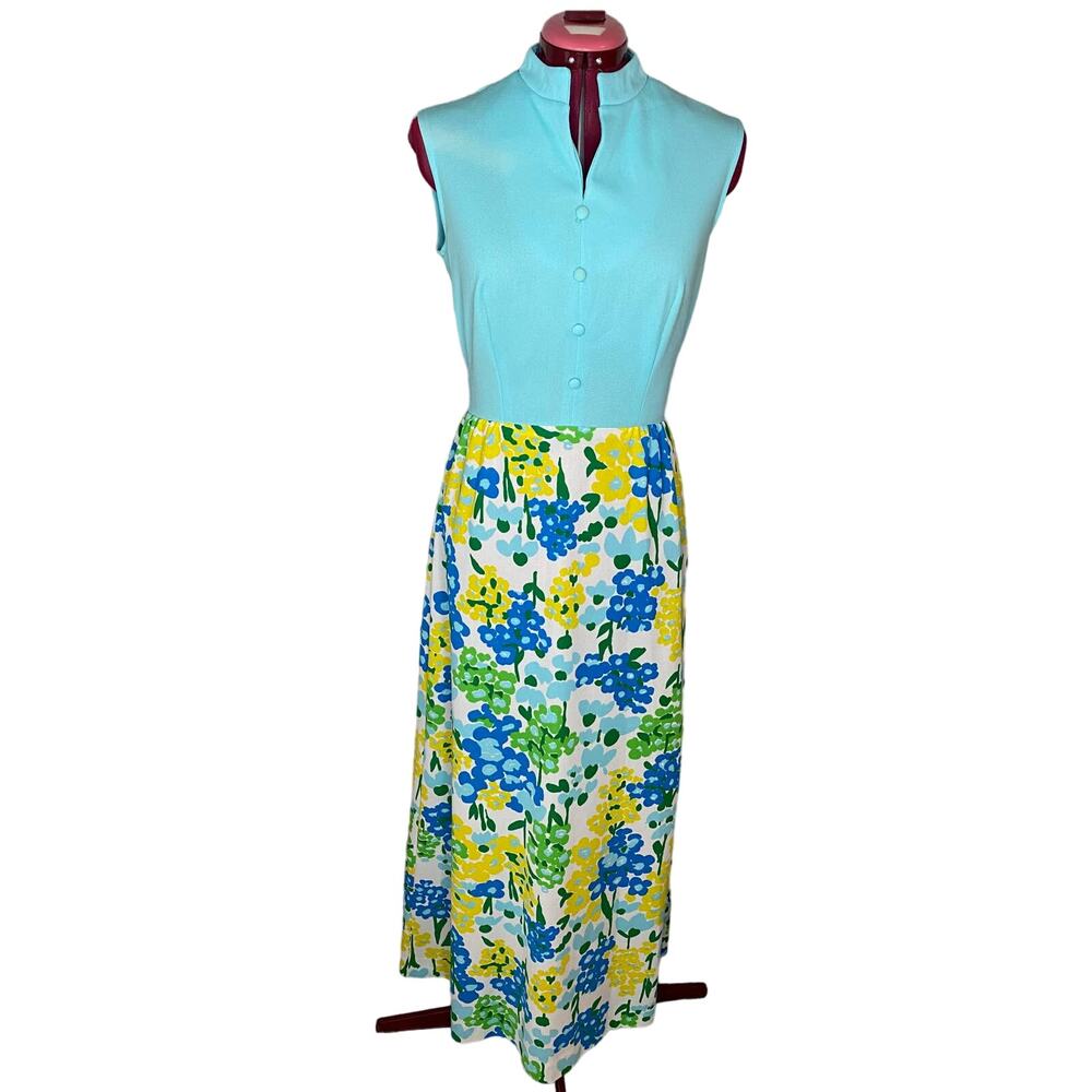 Dress 1960s maxi flower power blue yellow green